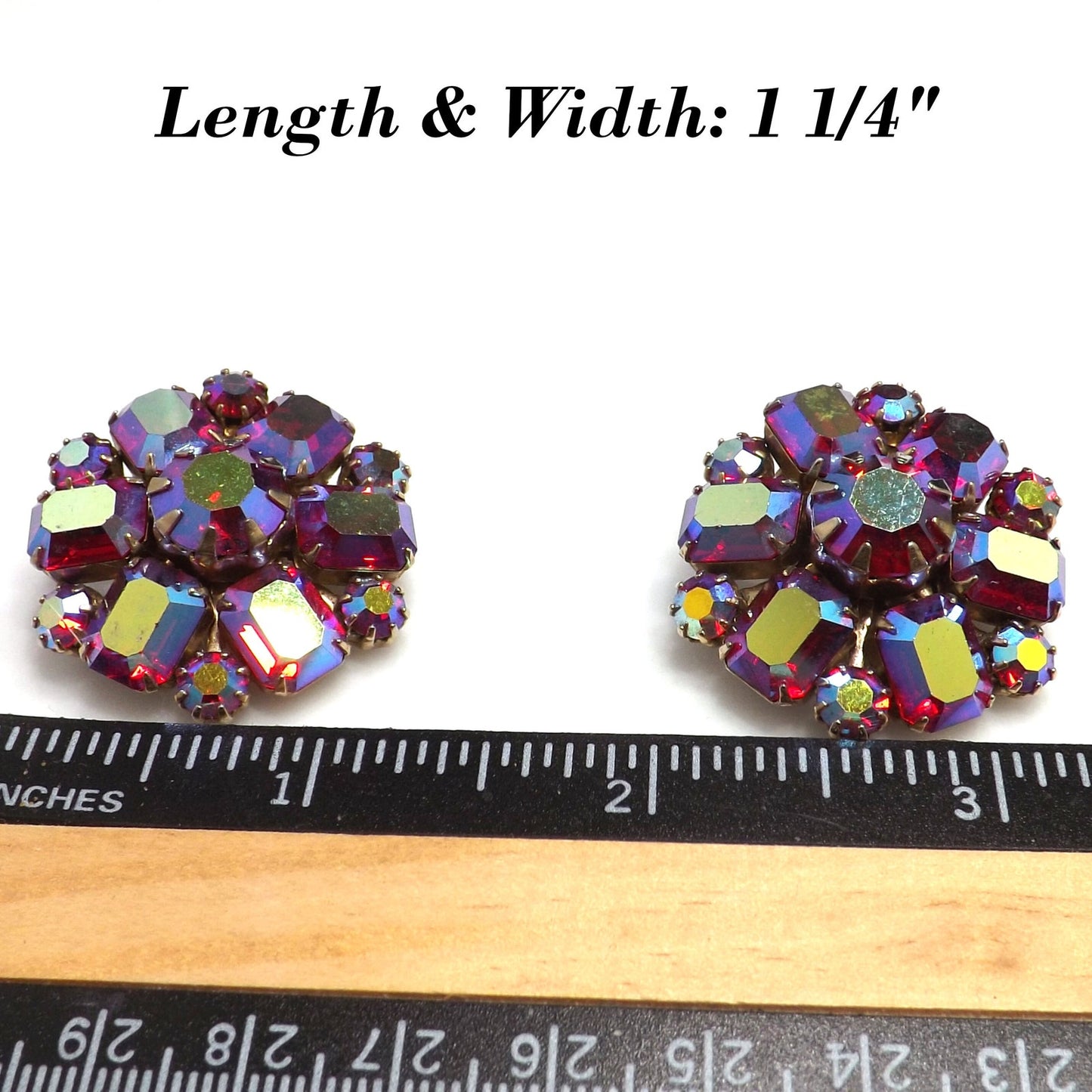 Weiss Red Aurora Borealis Floral Earrings, Gold Plated, 1950s Vintage Jewelry