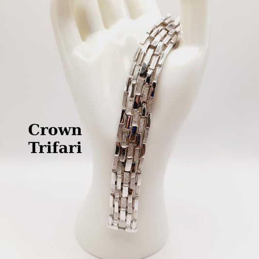 Vintage Crown Trifari Bracelet, Rhodium Plated Link Design, 7 1/4 Inch, Signed