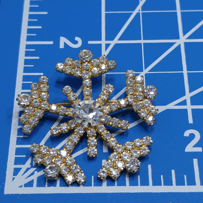 Eisenberg Ice Snowflake Brooch, Clear Rhinestones, Gold Plated, Vintage Jewelry