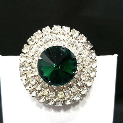 Emerald Green Rivoli Crystal Rhinestone Brooch & Earrings, Rhodium Plated, 1960s Vintage Jewelry