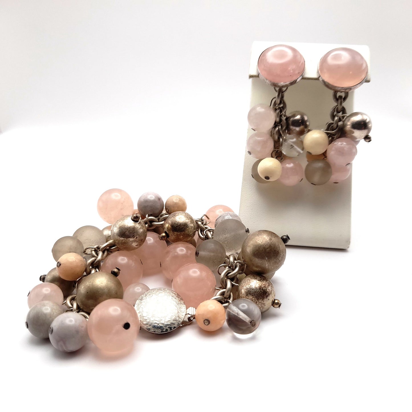 Susan Cummings Beaded Clip Earrings & Bracelet, Sterling Silver, Gemstone Beads