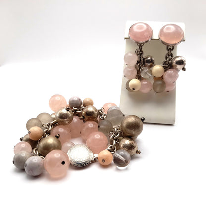 Susan Cummings Beaded Clip Earrings & Bracelet, Sterling Silver, Gemstone Beads