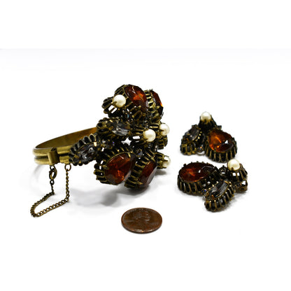 Hobe' Rhinestone Cuff Bracelet & Clip Earrings, Topaz Clear Rhinestone, Faux Pearls, 1950s
