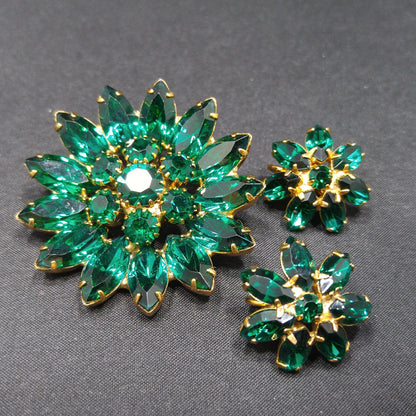 Emerald Green Rhinestone Floral Brooch & Earrings, Gold Plated, 1960s Vintage Jewelry