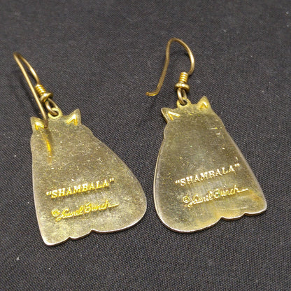 Laurel Burch Shambala Cat Earrings, White Gray Enamel, Gold Plated, 1980s Vintage Jewelry