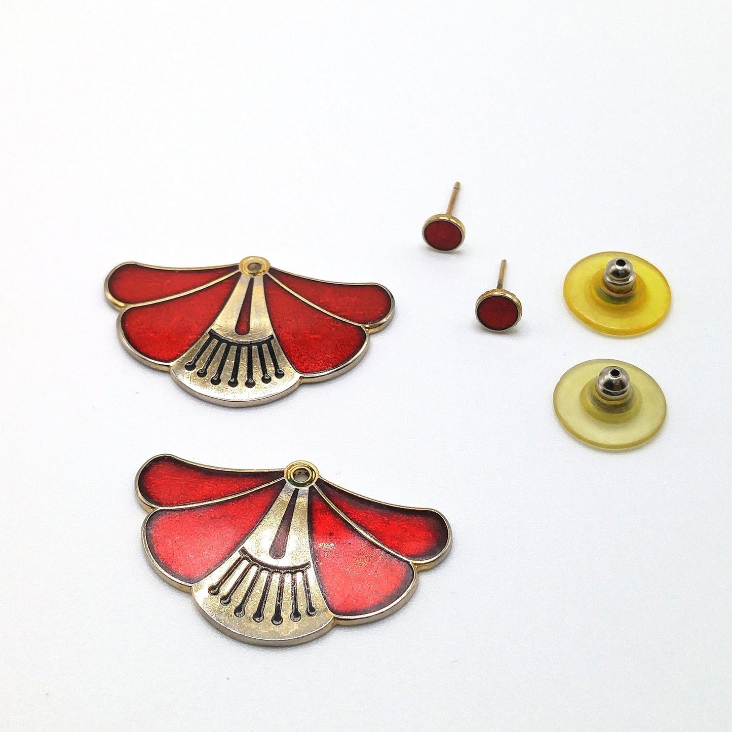 Laurel Burch Red Floral Post Earrings, Two Earrings in One, Gold Plated, 1980s Vintage Jewelry