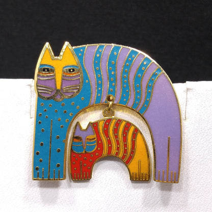 Laurel Burch "Mr. Jio's Cat" Brooch with Dangling Cat Charm, Gold Plated, Cloisonne Enamel, 1980s Vintage Jewelry