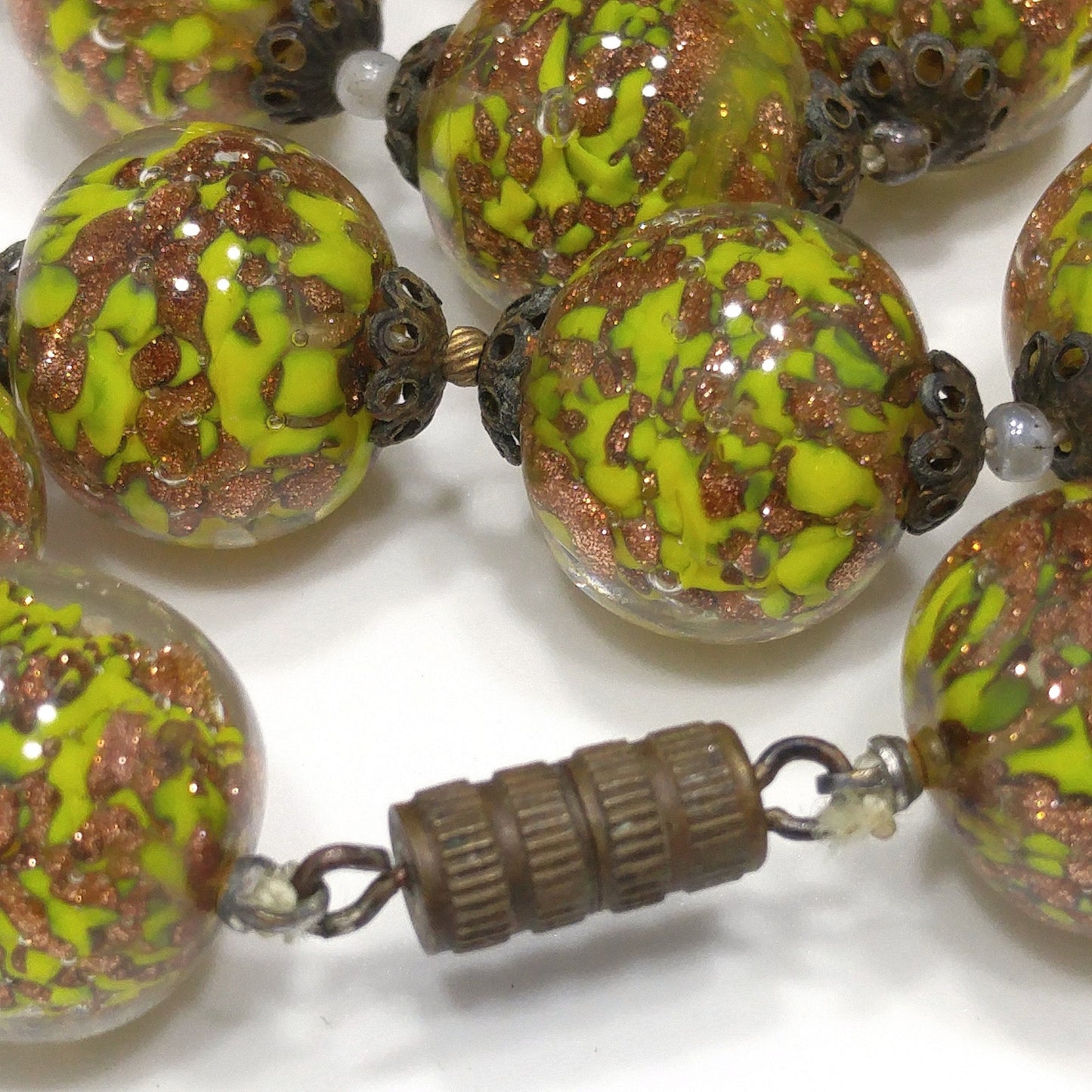 Vintage Green Venetian Glass Beaded Necklace, Copper Aventurine Italian Beads, 1930s Vintage Jewelry