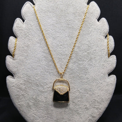 Swarovski Purse Pendant Necklace, Black Enamel & Crystal Handbag Locket, Vintage 1980s Jewelry