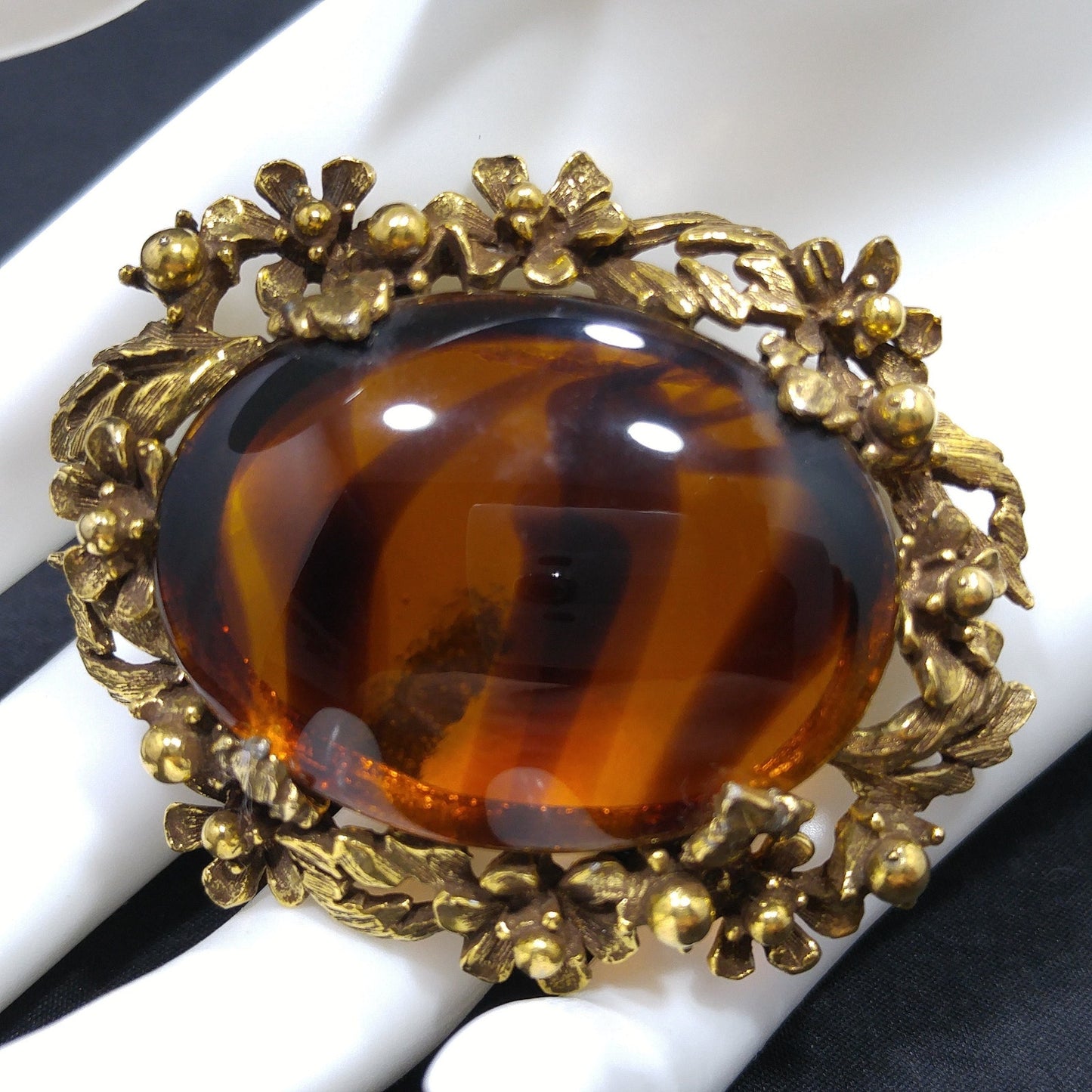 Jeanne Two Toned Glass Brooch, Light Dark Topaz Striped, 1960s Vintage Jewelry