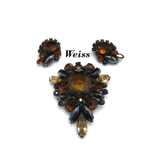 Vintage Weiss Japanned Topaz Rhinestone Brooch & Earrings