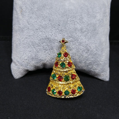 Eisenberg Ice Christmas Tree Brooch Red Green Rhinestones Gold Vintage