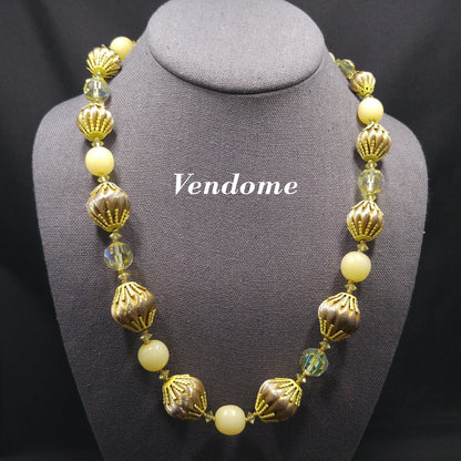 Vendome Gold Twist & AB Crystal Bead Necklace, Yellow Bead Caps, Gold Plated