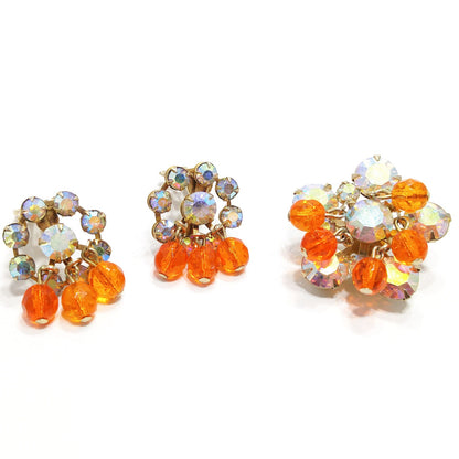 Small Aurora Borealis Brooch & Matching Earrings, Tangerine Orange Dangles, 1950