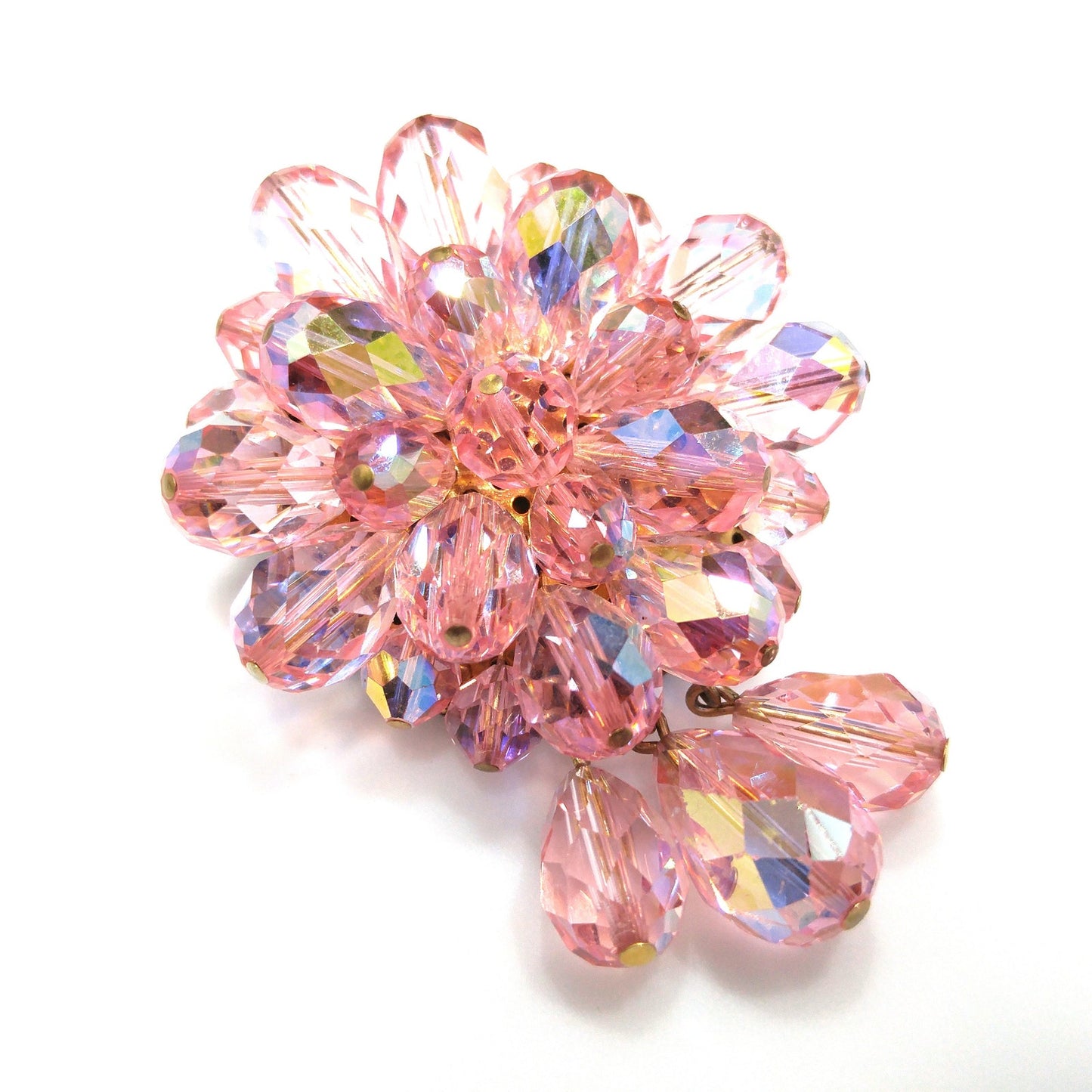 Pink Aurora Borealis Beaded Brooch, Three Bead Dangles, 1960s Vintage Jewelry