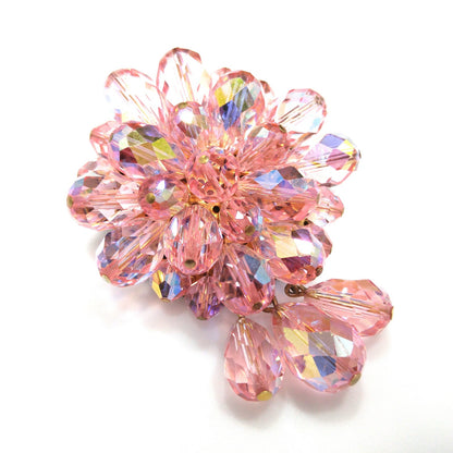 Pink Aurora Borealis Beaded Brooch, Three Bead Dangles, 1960s Vintage Jewelry