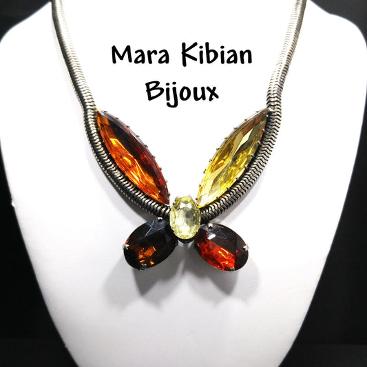 Large Rhinestone Butterfly Necklace, Mara Kibian Bijoux Jewelry, Snake Chain