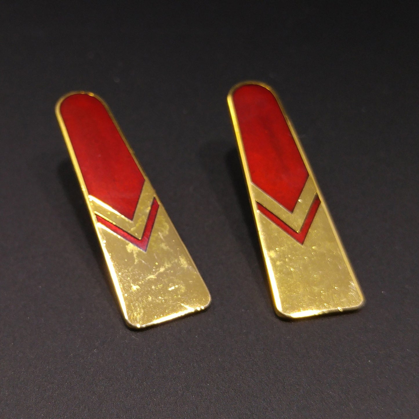 Vintage Laurel Burch Gold Red Chevron Post Earrings, 1980s, Gold Plated
