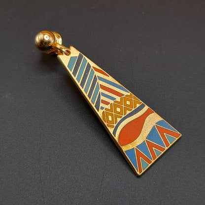 Laurel Burch "Java" Geometric Clip Earrings, Gold Plated Cloisonne Enamel, 1980s Vintage Jewelry
