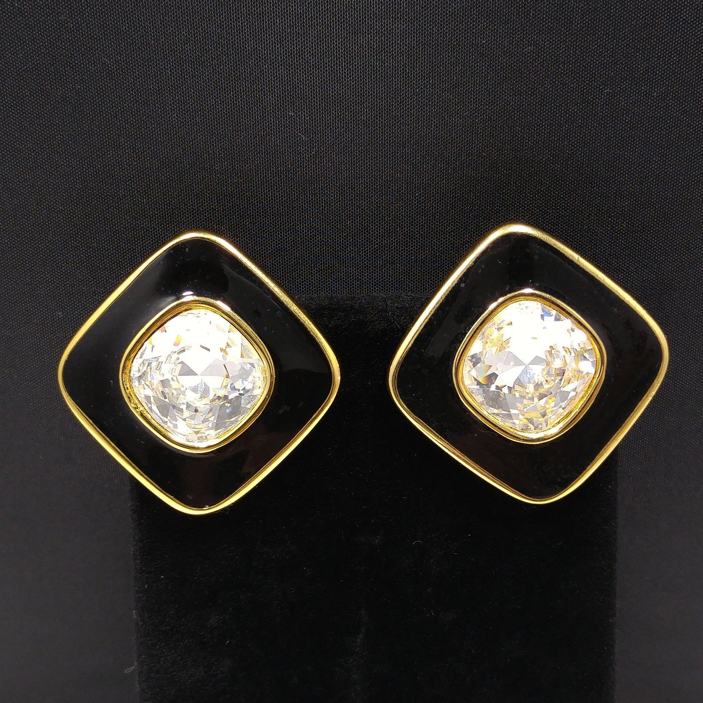Swarovski S.A.L. Earrings, Clear Crystal & Black Enamel, 1970s–1980s Vintage