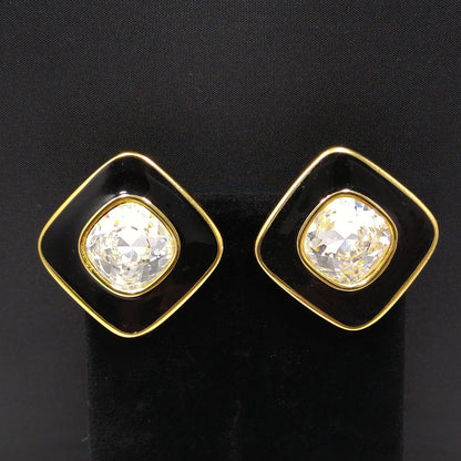 Swarovski S.A.L. Earrings, Clear Crystal & Black Enamel, 1970s–1980s Vintage