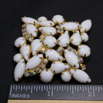 White Milk Glass AB Rhinestones Brooch, Aurora Borealis, Gold Plated, 1960s Vintage Jewelry