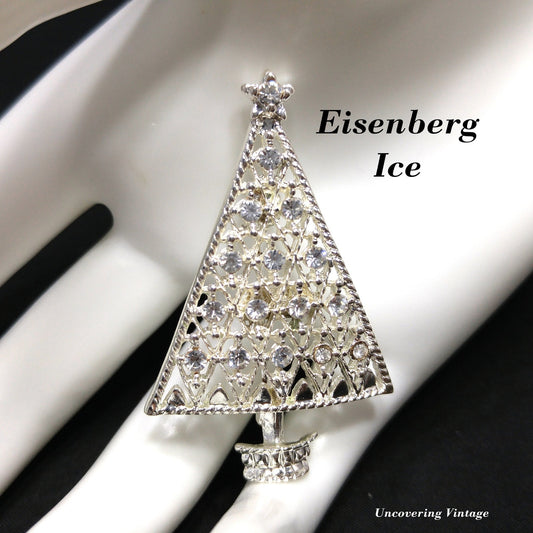 Eisenberg Ice Christmas Tree Brooch, Silver Tone, Clear Rhinestones
