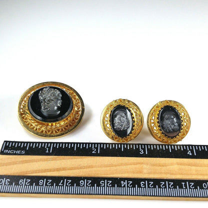 Vintage Cameo Hematite Brooch & Clip Earrings, Filigree Pin Set W Germany Style, 1950s Vintage Jewelry