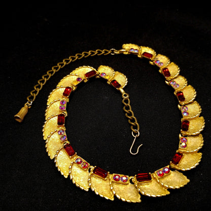 B.S.K. Red Rhinestone Choker Necklace, Aurora Borealis, 1960s Vintage Jewelry