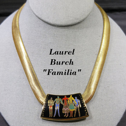 Laurel Burch "Familia" Cloisonne Necklace, Gold Plated Omega Chain, 1980s Vintage Jewelry