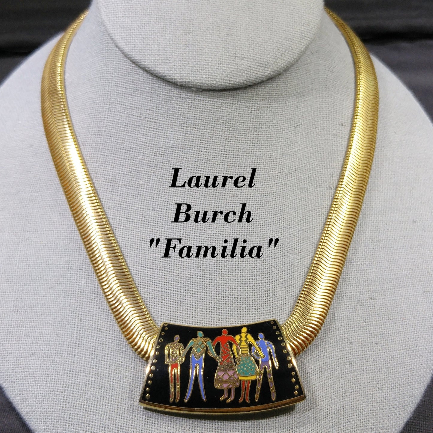 Laurel Burch "Familia" Cloisonne Necklace, Gold Plated Omega Chain, 1980s