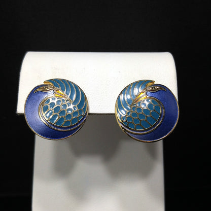 Laurel Burch "Mynah Bird" Blue Post Earrings, Gold Plated Cloisonné, 1980s
