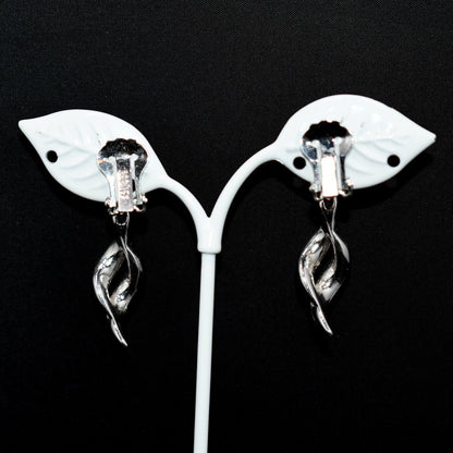 Bogoff Clear Rhinestone Clip Dangle Earrings, Rhodium Plated, Wedding Earrings, 1950s Vintage Jewelry