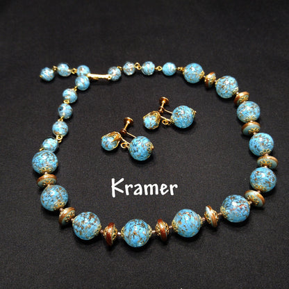 Kramer Turquoise Gold Beaded Necklace & Earrings Set, Gold Glitter Murano Glass