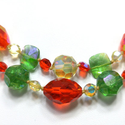 Crystal & Molded Glass Beaded Necklace, Orange Green Yellow, 1950s Vintage Jewelry
