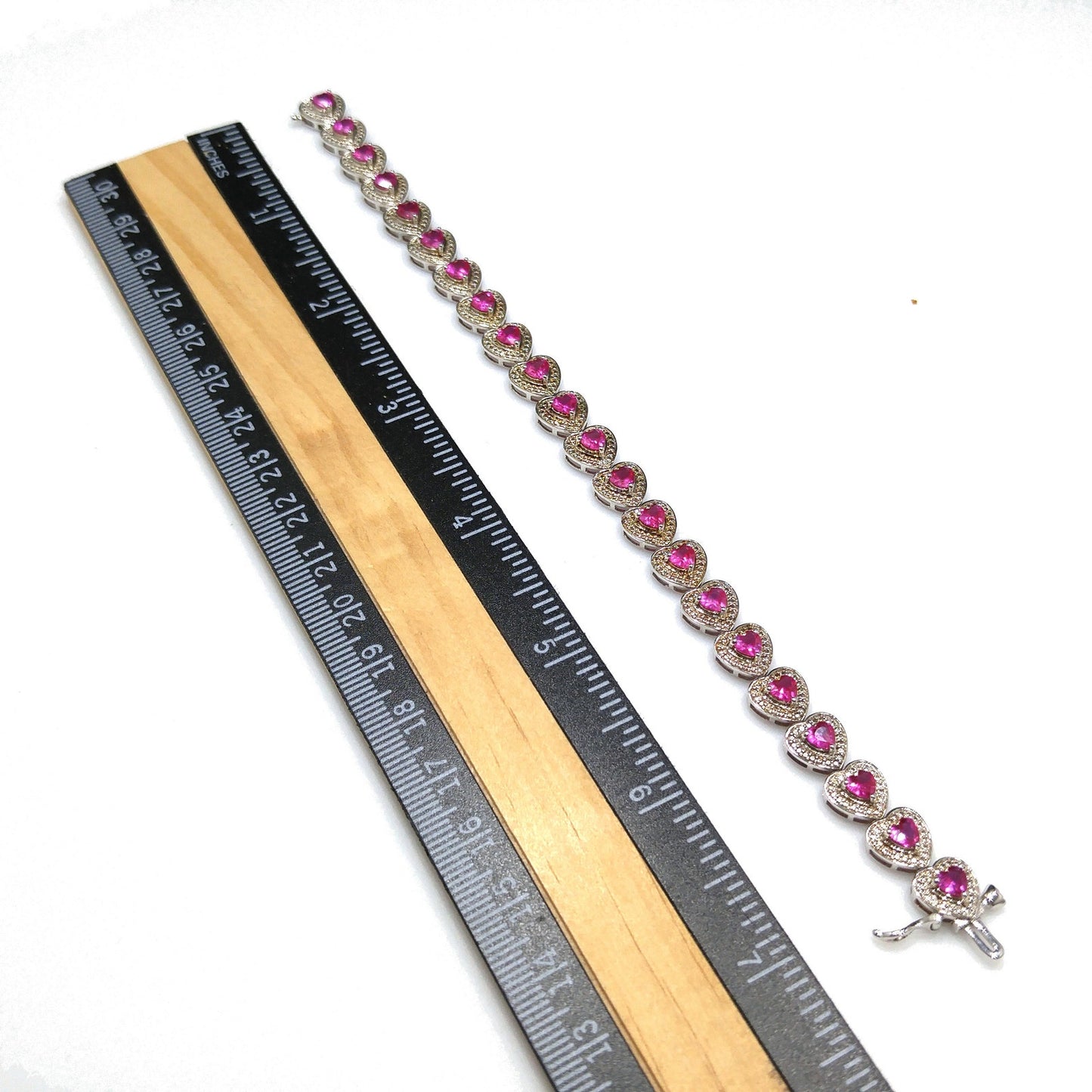 Vintage 925 Silver Ruby Heart Tennis Bracelet Pink Gemstone 7.25” Valentine Gift
