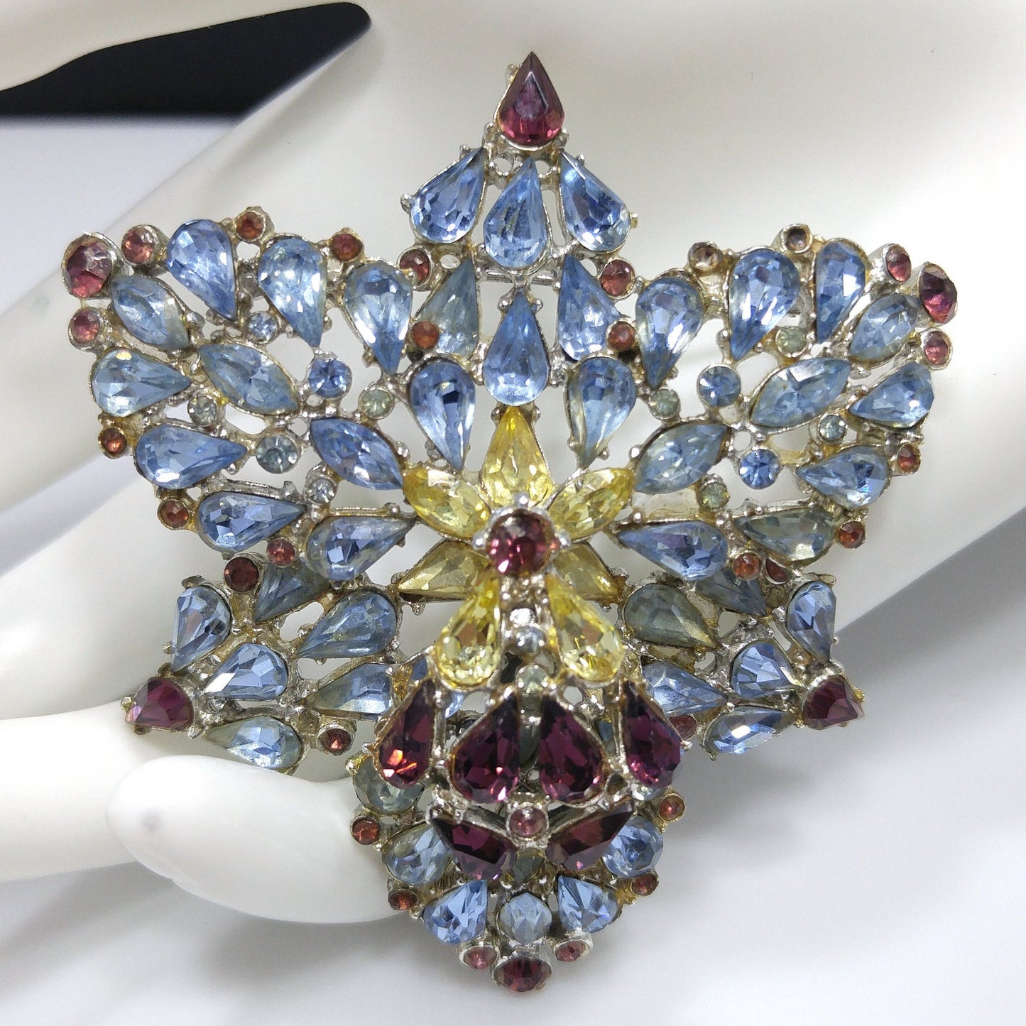Mid Century Large Rhinestone Orchid Brooch, Light Blue Purple Rhinestones, 1960s Vintage Jewelry