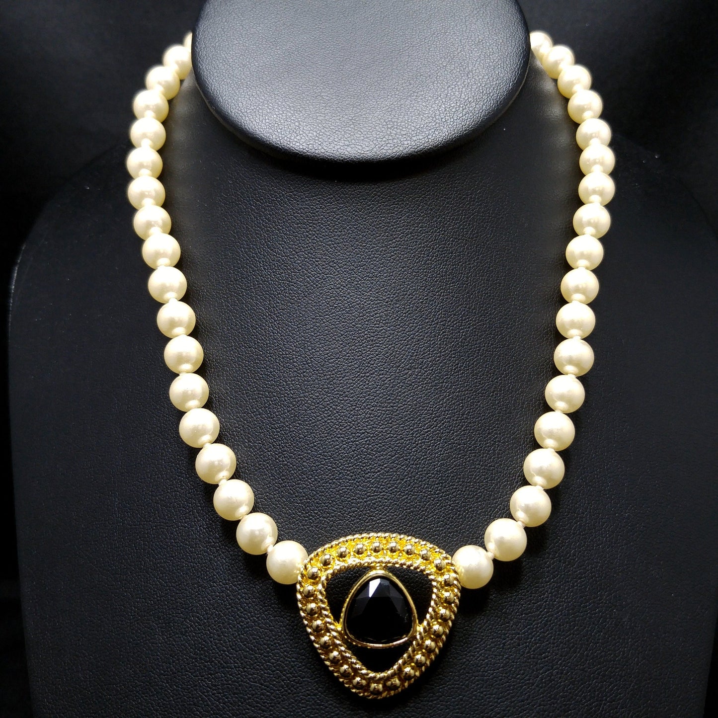 Swarovski Faux Pearl Necklace with Black Crystal Pendant, Gold Plated, 1990s Vintage