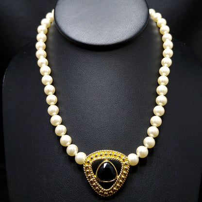 Swarovski Faux Pearl Necklace with Black Crystal Pendant, Gold Plated, 1990s Vintage