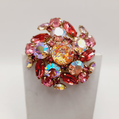Vintage Pink Rhinestone Brooch, Dragon’s Breath Glass, Gold Tone, 1950s