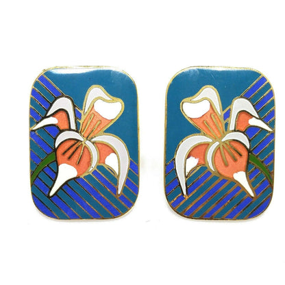 Laurel Burch Gold Plate "Iris" Teal Blue & Orange Enamel Cloisonne, 1980s
