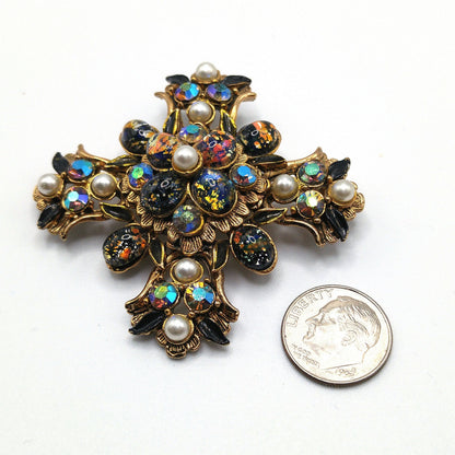 Vintage Maltese Cross Brooch, Foil Cabs, Faux Pearls AB Rhinestones, Vintage Jewelry
