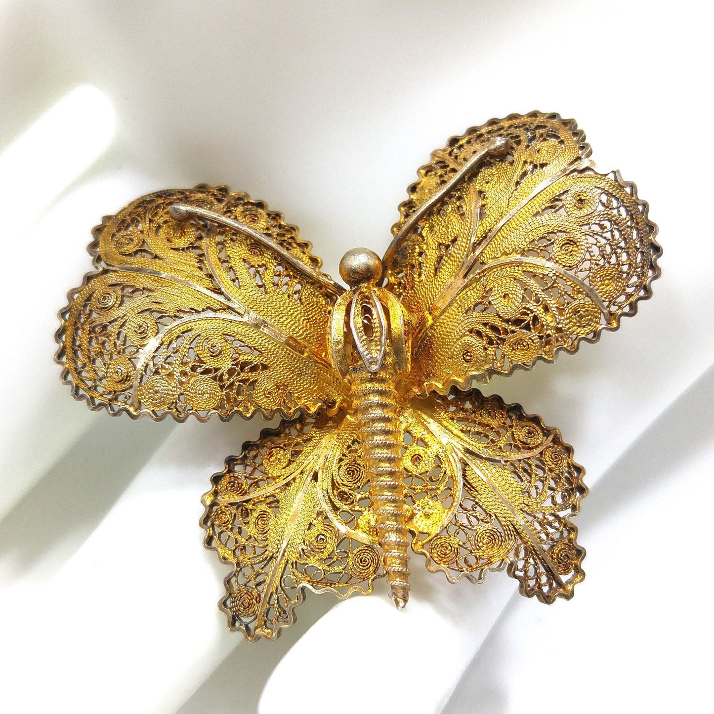 Vintage Topazio Portugal 925 Vermeil Filigree Butterfly Brooch 1940s