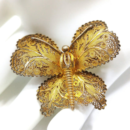 Vintage Topazio Portugal 925 Vermeil Filigree Butterfly Brooch 1940s