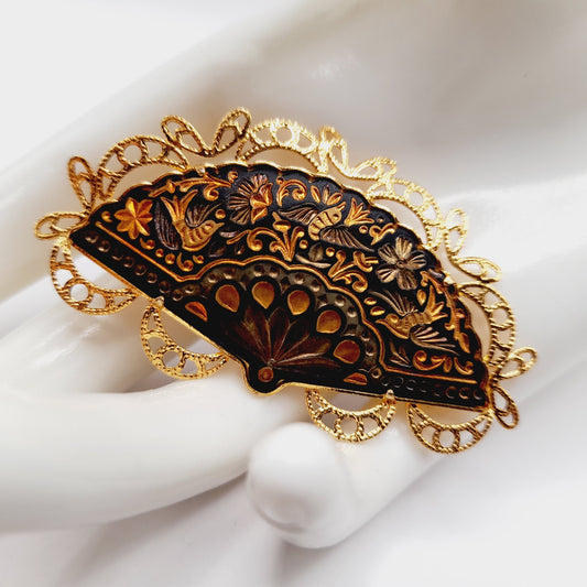 Vintage Damascene Fan Brooch Gold Black Filigree Pin 2.5 Inch