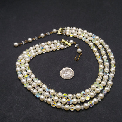 Mid-Century Crystal Faux Pearl Necklace, Three Strands, 1950s Vintage Jewelry