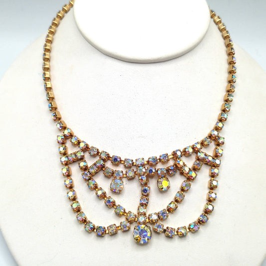 Aurora Borealis Rhinestone Choker Necklace, Gold Plated, 1960s Vintage Jewelry