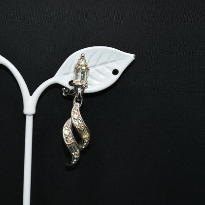 Bogoff Clear Rhinestone Clip Dangle Earrings, Rhodium Plated, Wedding Earrings, 1950s Vintage Jewelry