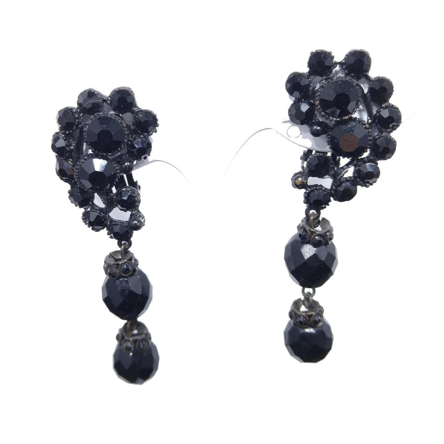 Vintage 1950s Japanned Black Crystal Rhinestone Drop Earrings