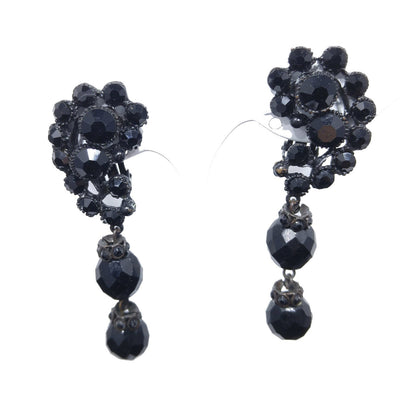 Vintage 1950s Japanned Black Crystal Rhinestone Drop Earrings
